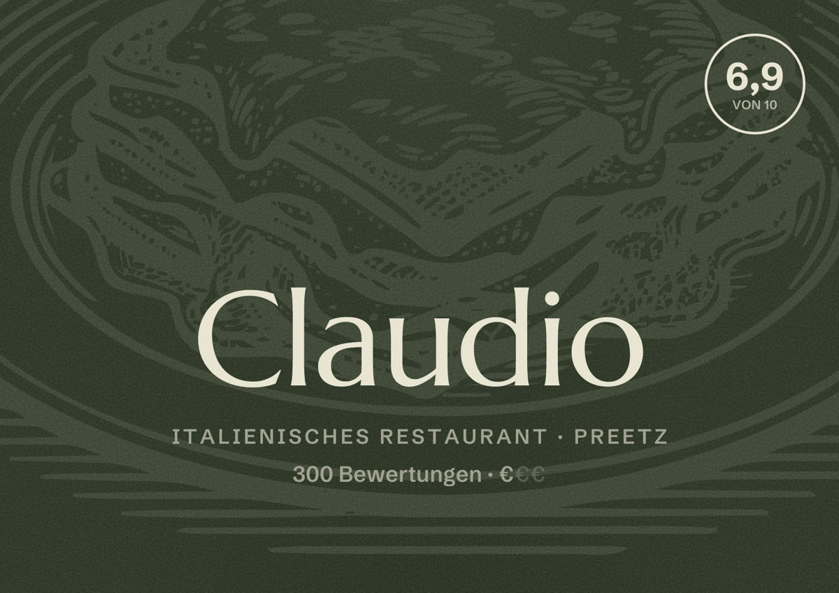 Illustriertes Poster von Claudio, Italienisches Restaurant in Preetz: Bewertung 6,9 von 10 aus 300 Bewertungen, Preisniveau €