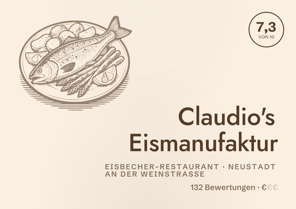Illustriertes Poster von Claudio's Eismanufaktur, Eisbecher-Restaurant in Neustadt an der Weinstraße: Bewertung 7,3 von 10 aus 132 Bewertungen, Preisniveau €
