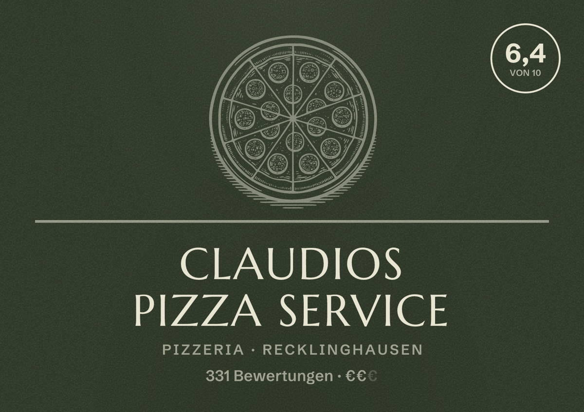 Illustriertes Poster von Claudios Pizza Service, Pizzeria in Recklinghausen: Bewertung 6,4 von 10 aus 331 Bewertungen, Preisniveau €€