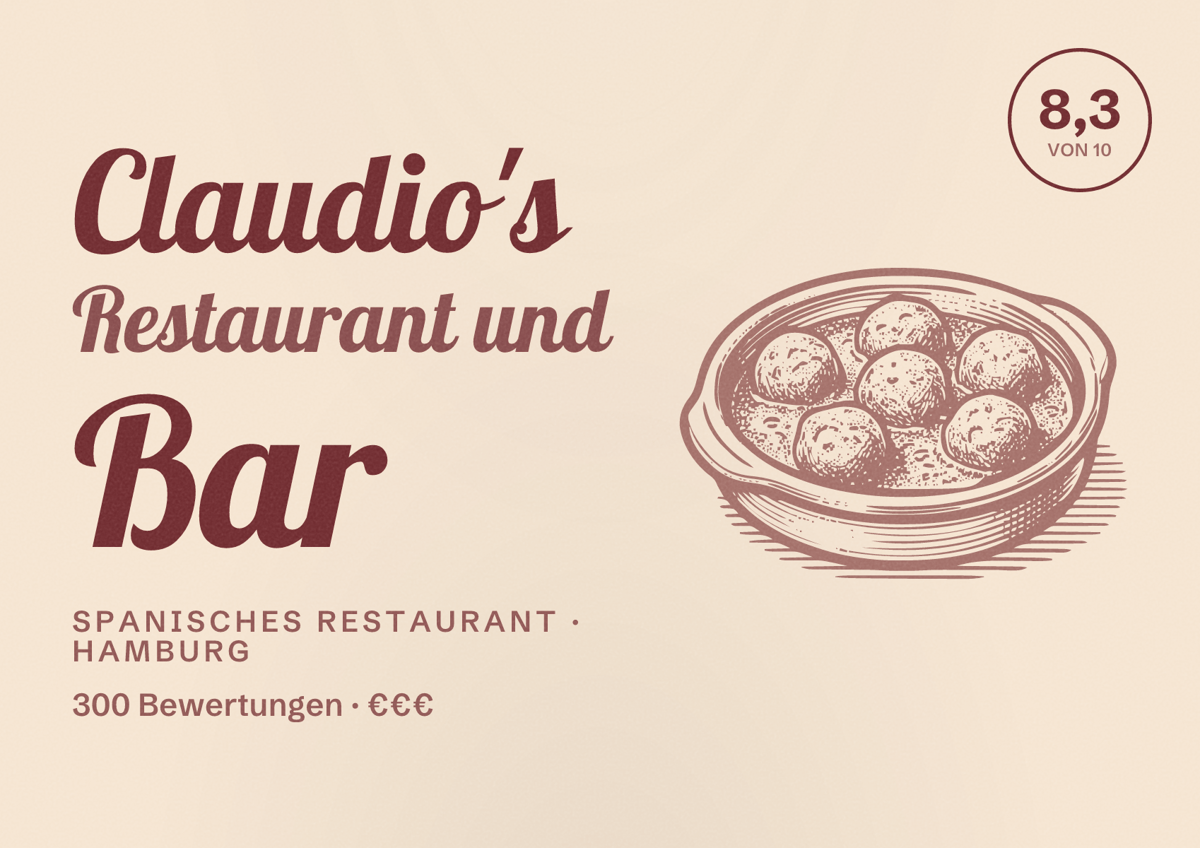 Illustriertes Poster von Claudio's Restaurant und Bar, Spanisches Restaurant in Hamburg: Bewertung 8,3 von 10 aus 300 Bewertungen, Preisniveau €€€