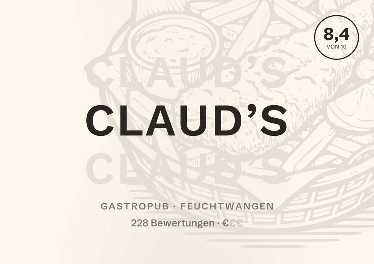 Illustriertes Poster von Claud’s, Gastropub in Feuchtwangen: Bewertung 8,4 von 10 aus 228 Bewertungen, Preisniveau €