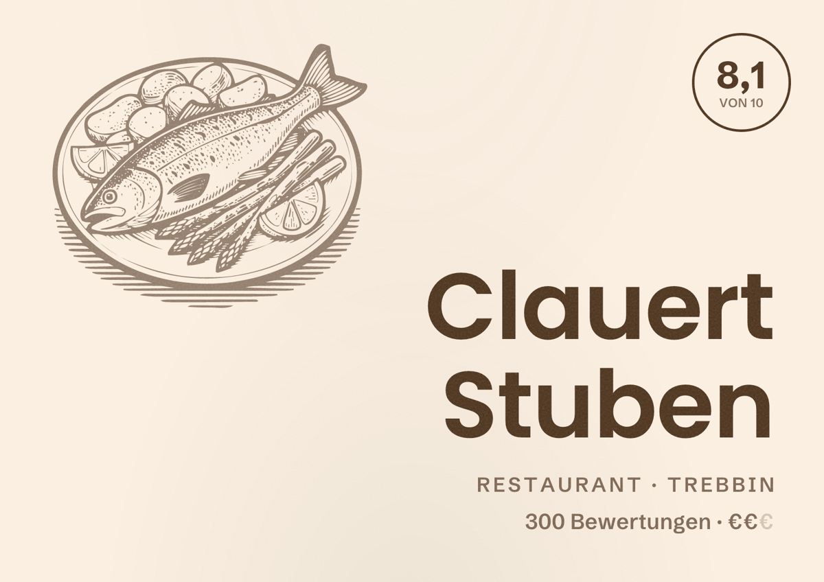 Illustriertes Poster von Clauert Stuben, Restaurant in Trebbin: Bewertung 8,1 von 10 aus 300 Bewertungen, Preisniveau €€