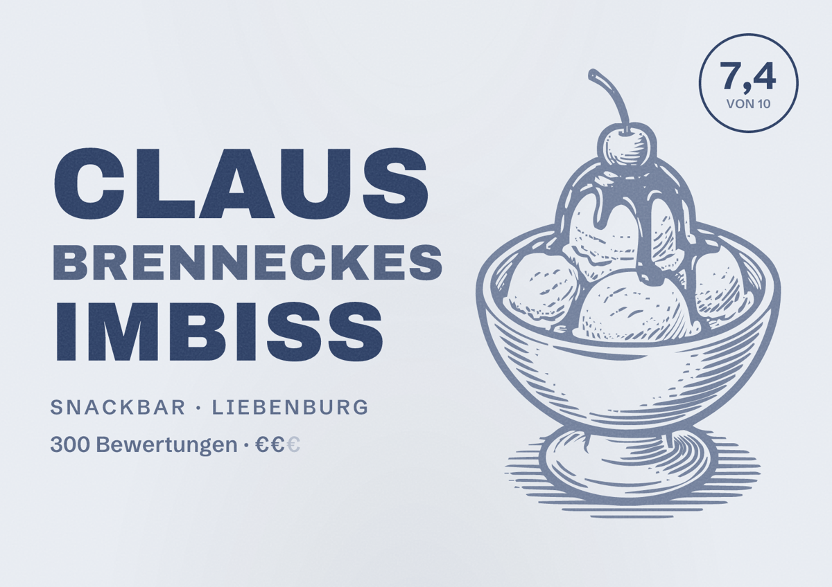 Illustriertes Poster von Claus Brenneckes Imbiss, Snackbar in Liebenburg: Bewertung 7,4 von 10 aus 300 Bewertungen, Preisniveau €€