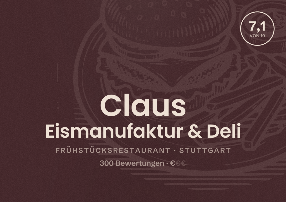 Illustriertes Poster von Claus Eismanufaktur & Deli, Frühstücksrestaurant in Stuttgart: Bewertung 7,1 von 10 aus 300 Bewertungen, Preisniveau €