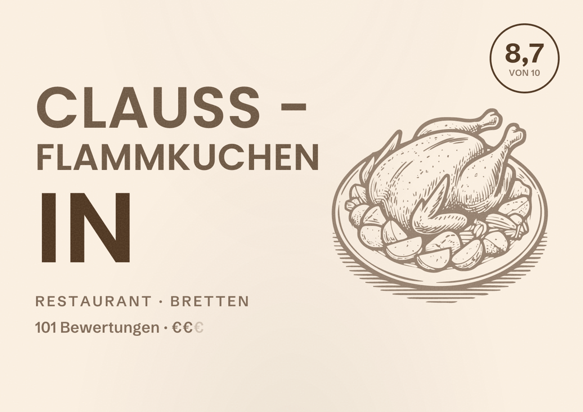 Illustriertes Poster von Clauß - Flammkuchen in, Restaurant in Bretten: Bewertung 8,7 von 10 aus 101 Bewertungen, Preisniveau €€