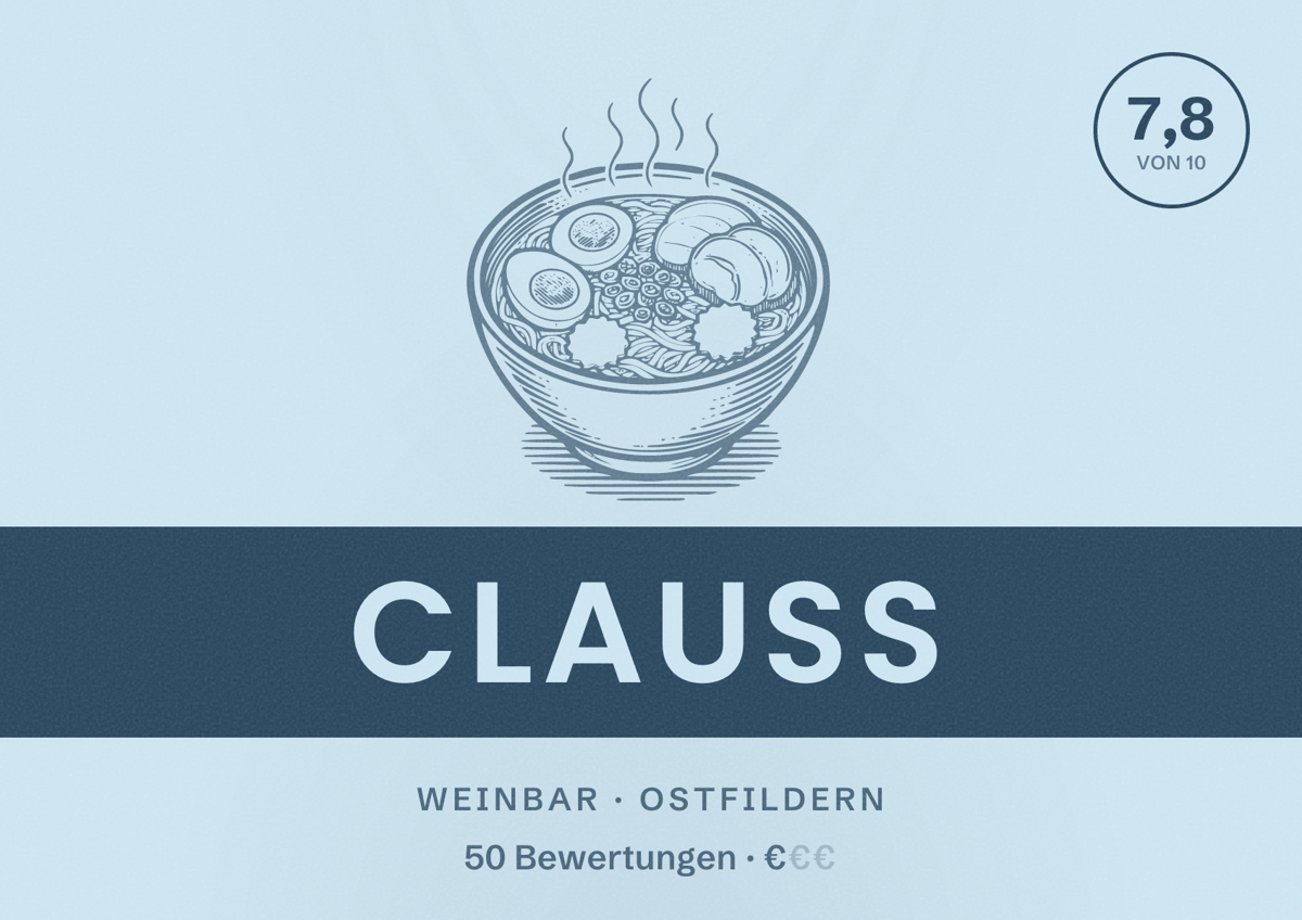 Illustriertes Poster von Clauss, Weinbar in Ostfildern: Bewertung 7,8 von 10 aus 50 Bewertungen, Preisniveau €