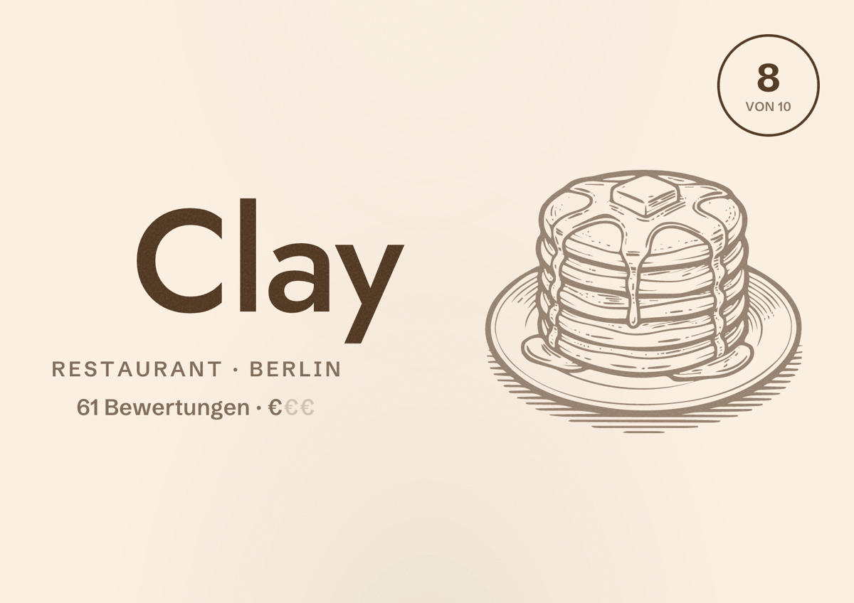 Illustriertes Poster von Clay, Restaurant in Berlin: Bewertung 8,0 von 10 aus 61 Bewertungen, Preisniveau €