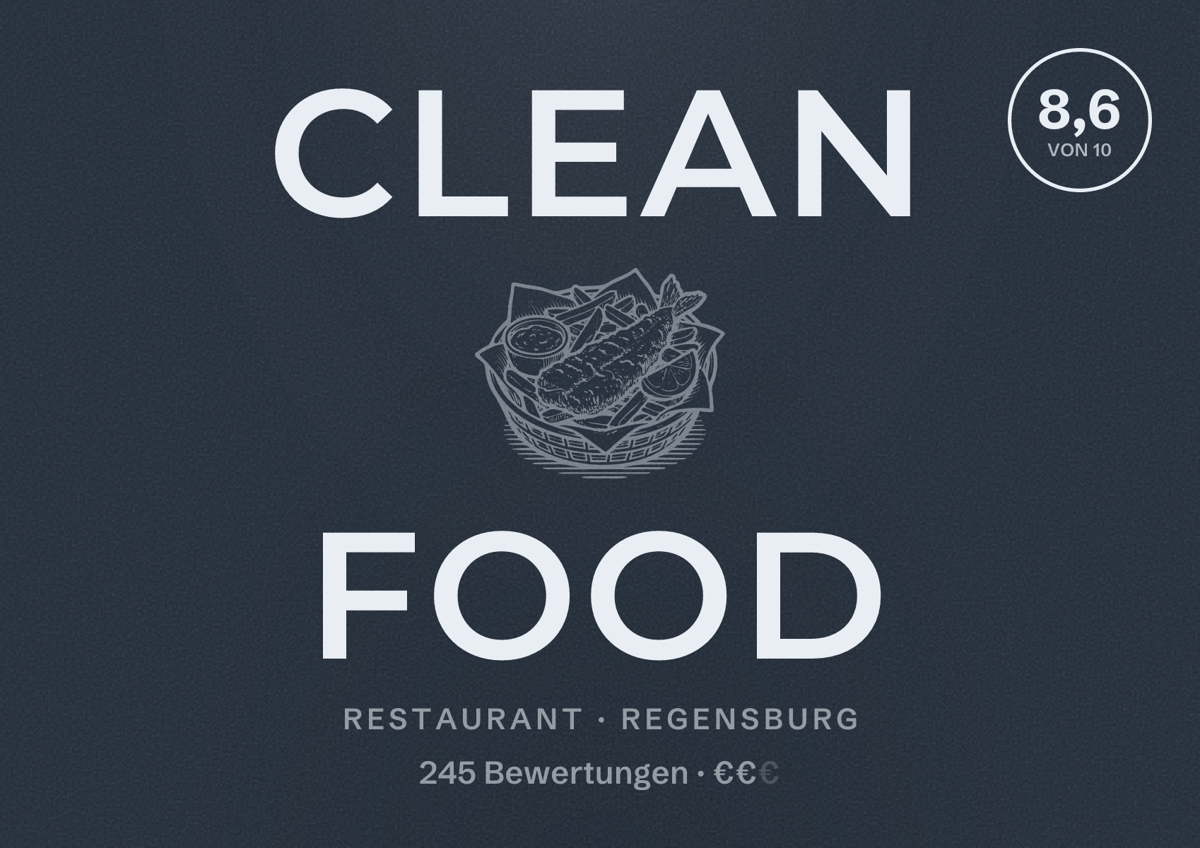 Illustriertes Poster von CLEAN FOOD, Restaurant in Regensburg: Bewertung 8,6 von 10 aus 245 Bewertungen, Preisniveau €€