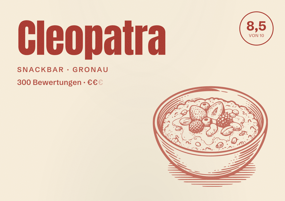 Illustriertes Poster von Cleopatra, Snackbar in Gronau: Bewertung 8,5 von 10 aus 300 Bewertungen, Preisniveau €€