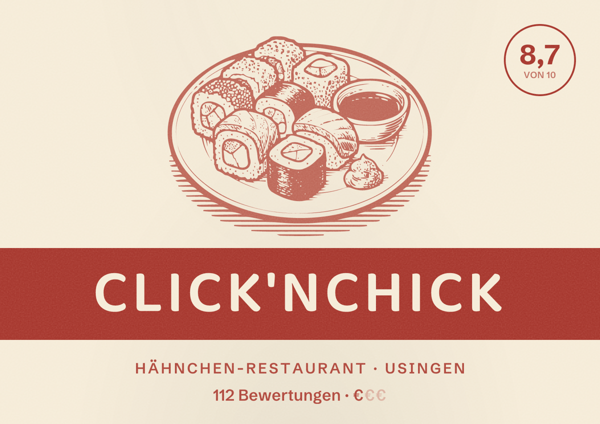 Illustriertes Poster von Click'nChick, Hähnchen-Restaurant in Usingen: Bewertung 8,7 von 10 aus 112 Bewertungen, Preisniveau €