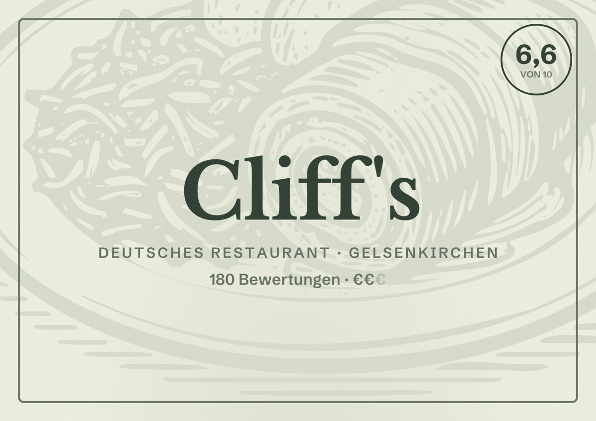 Illustriertes Poster von Cliff's, Deutsches Restaurant in Gelsenkirchen: Bewertung 6,6 von 10 aus 180 Bewertungen, Preisniveau €€