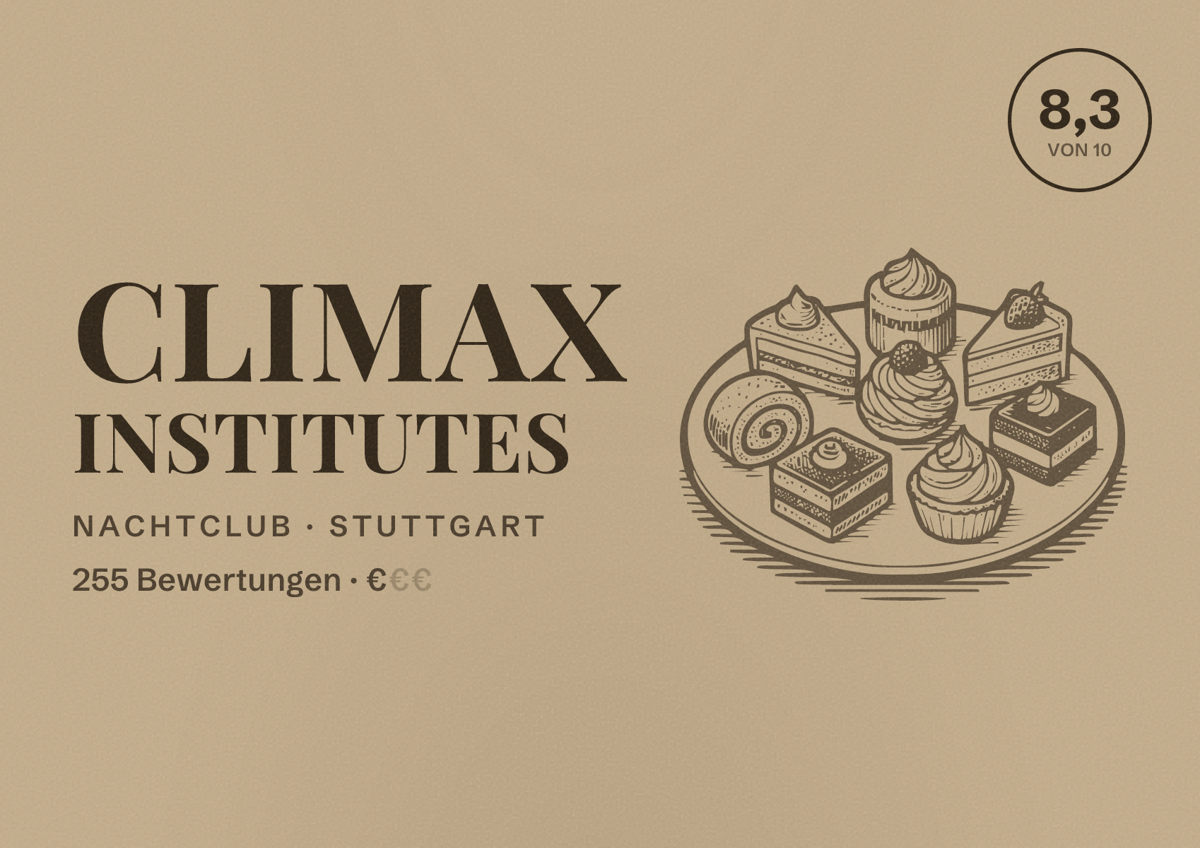 Illustriertes Poster von Climax Institutes, Nachtclub in Stuttgart: Bewertung 8,3 von 10 aus 255 Bewertungen, Preisniveau €