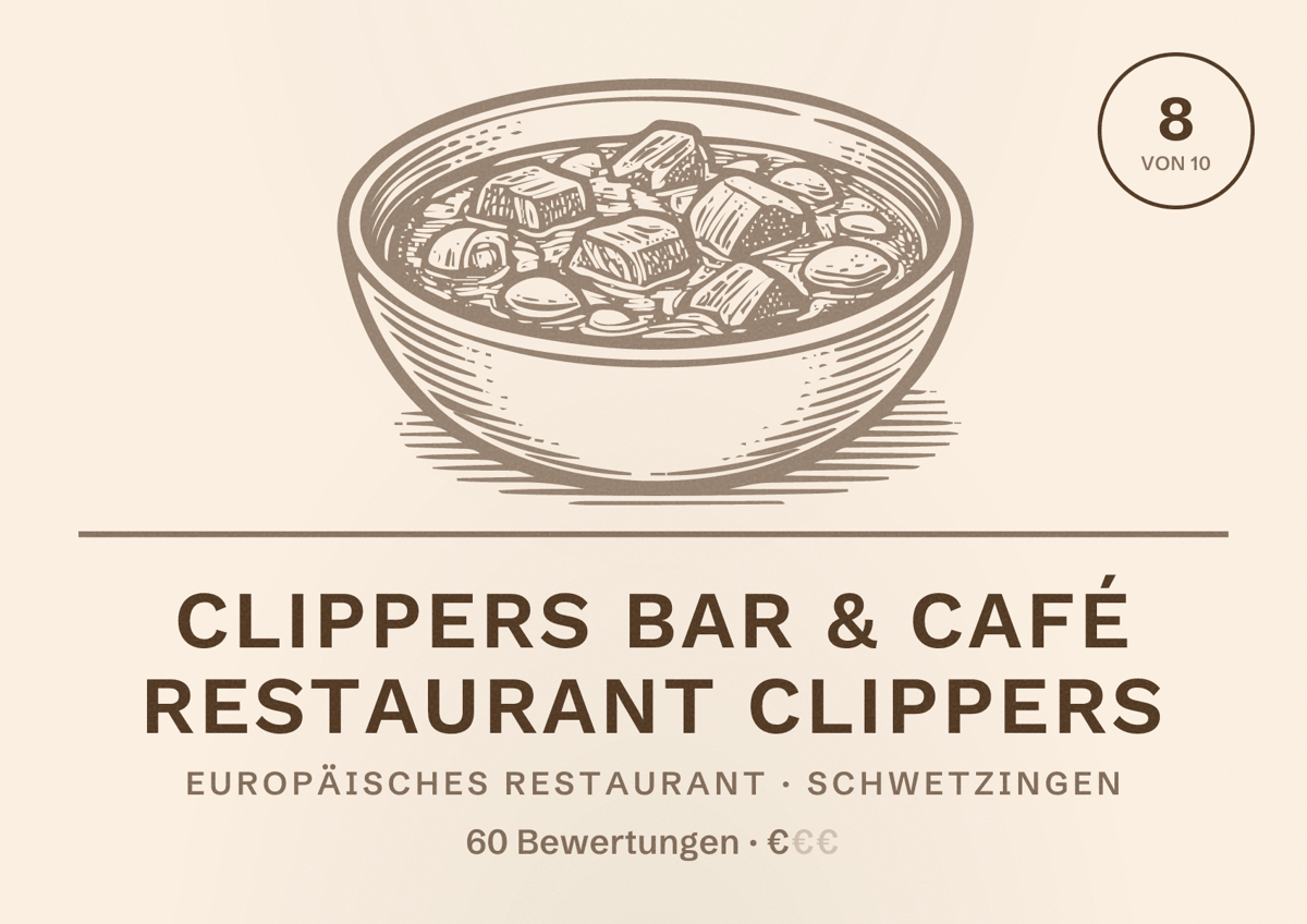 Illustriertes Poster von Clippers Bar & Café Restaurant Clippers, Europäisches Restaurant in Schwetzingen: Bewertung 8 von 10 aus 60 Bewertungen, Preisniveau €