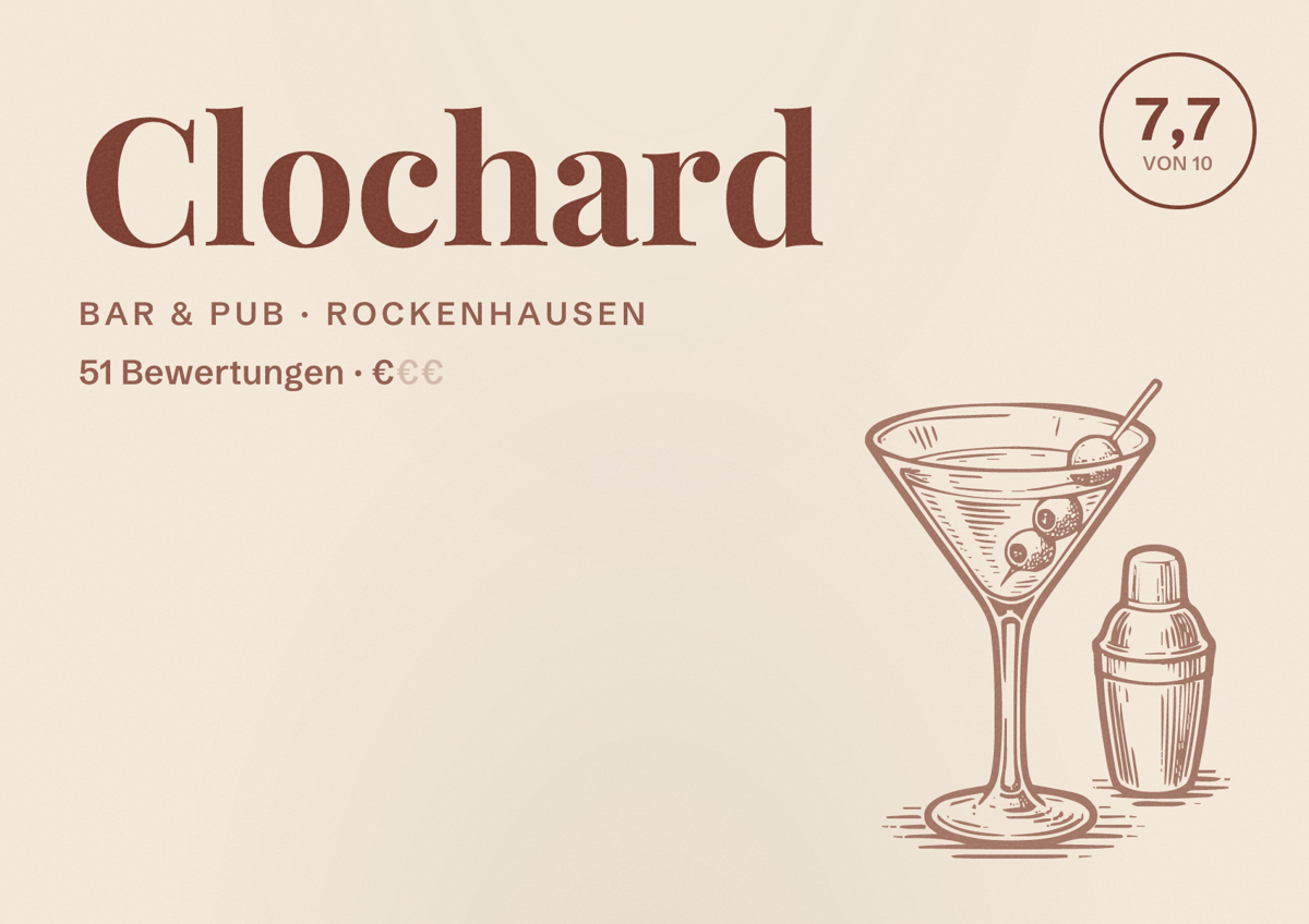 Illustriertes Poster von Clochard, Bar & Pub in Rockenhausen: Bewertung 7,7 von 10 aus 51 Bewertungen, Preisniveau €