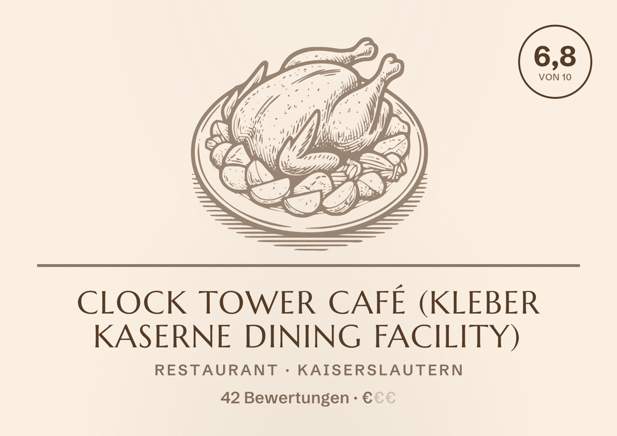 Illustriertes Poster von Clock Tower Café (Kleber Kaserne Dining Facility), Restaurant in Kaiserslautern: Bewertung 6,8 von 10 aus 42 Bewertungen, Preisniveau €