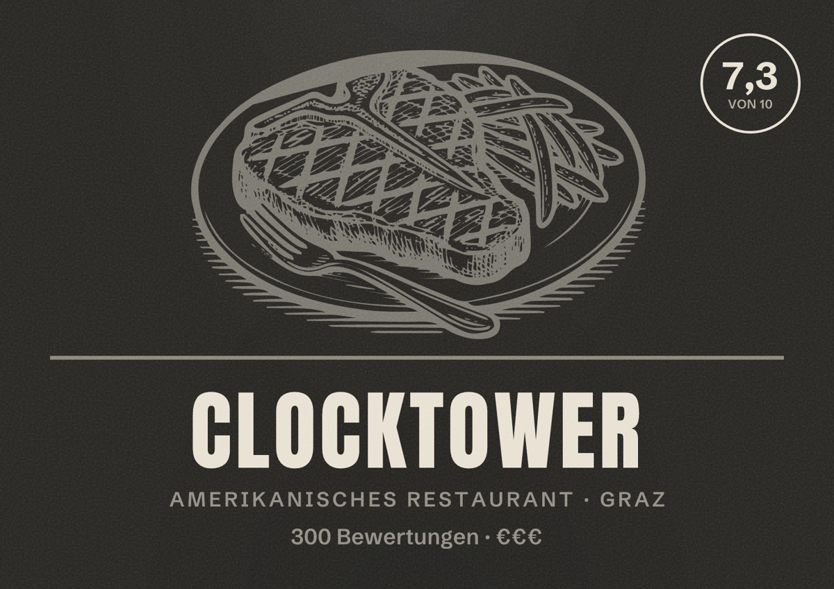 Illustriertes Poster von Clocktower, Amerikanisches Restaurant in Graz: Bewertung 7,3 von 10 aus 300 Bewertungen, Preisniveau €€€