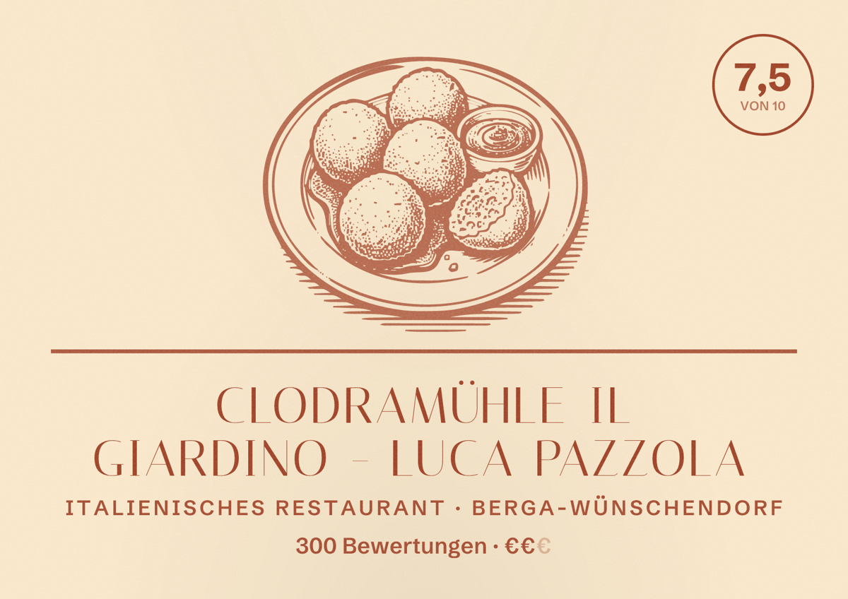 Illustriertes Poster von Clodramühle il Giardino - Luca Pazzola, Italienisches Restaurant in Berga-Wünschendorf: Bewertung 7,5 von 10 aus 300 Bewertungen, Preisniveau €€