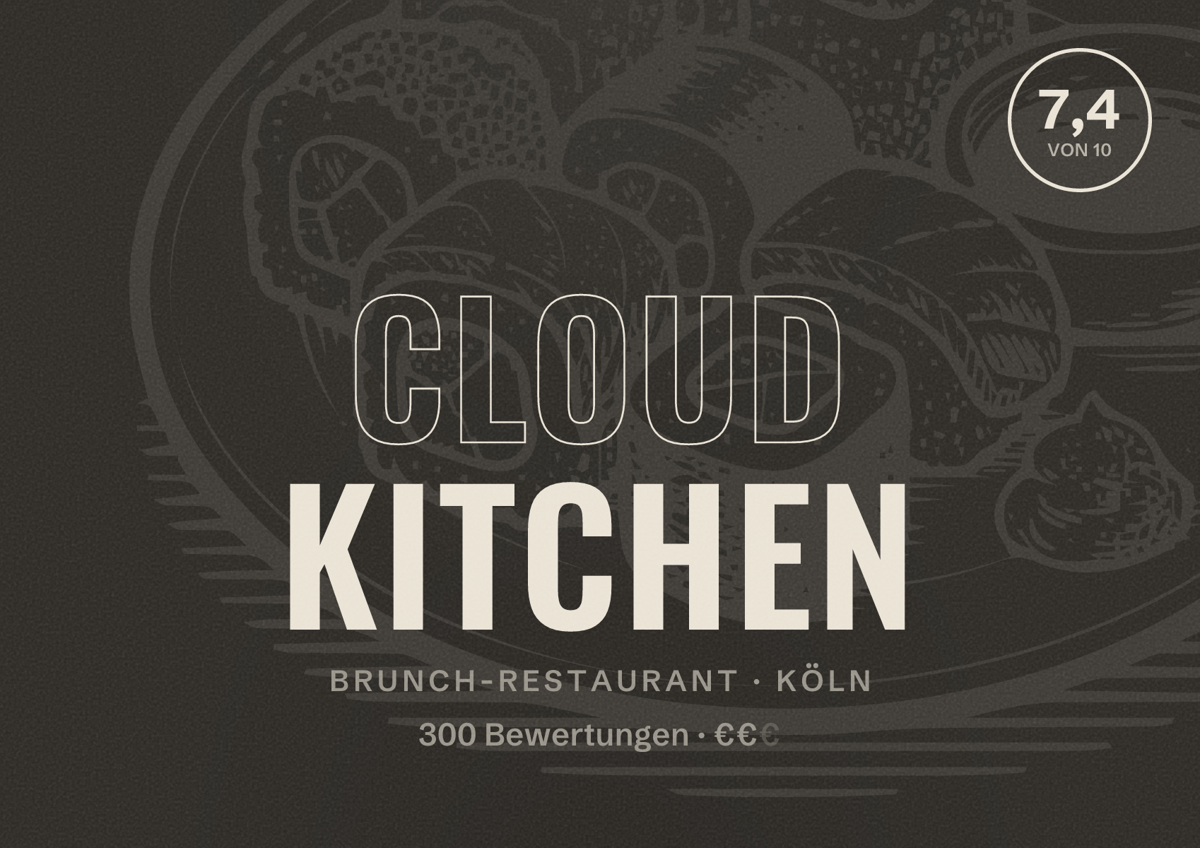 Illustriertes Poster von Cloud Kitchen, Brunch-Restaurant in Köln: Bewertung 7,4 von 10 aus 300 Bewertungen, Preisniveau €€