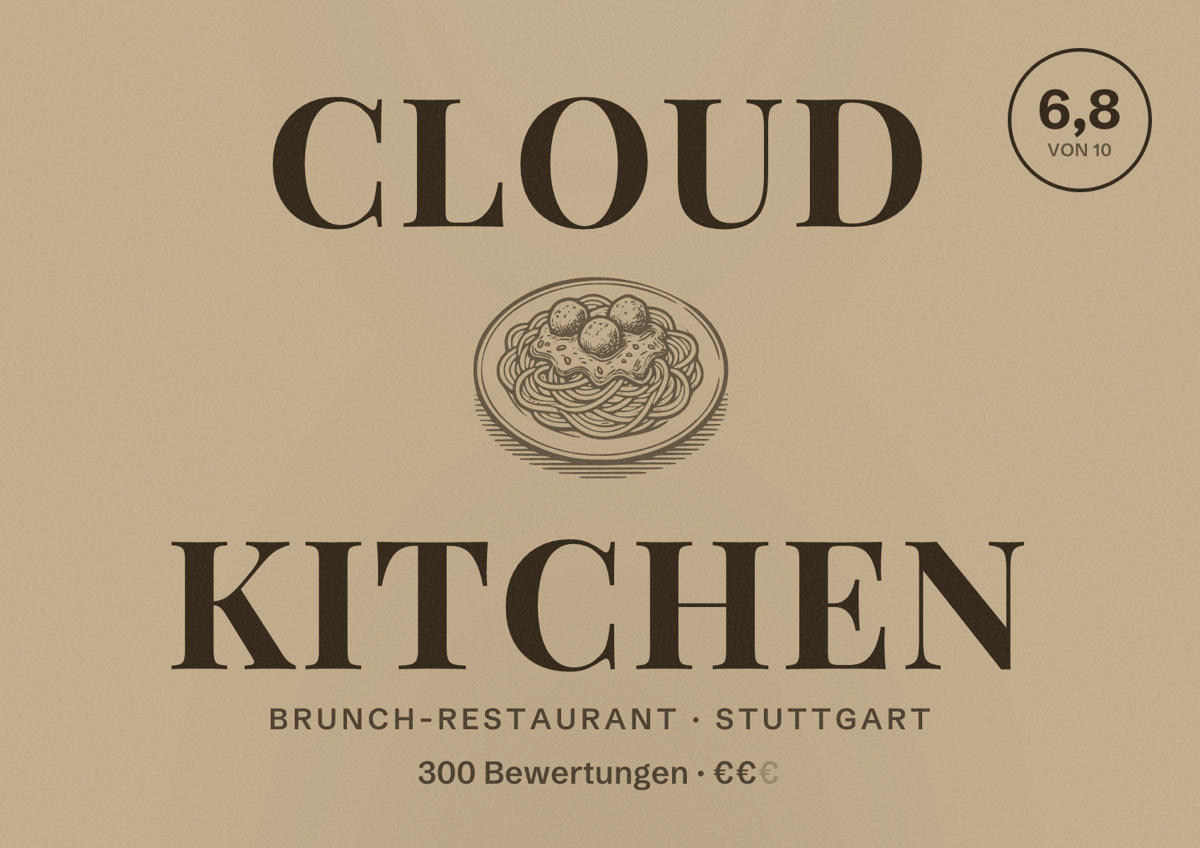 Illustriertes Poster von Cloud Kitchen, Brunch-Restaurant in Stuttgart: Bewertung 6,8 von 10 aus 300 Bewertungen, Preisniveau €€