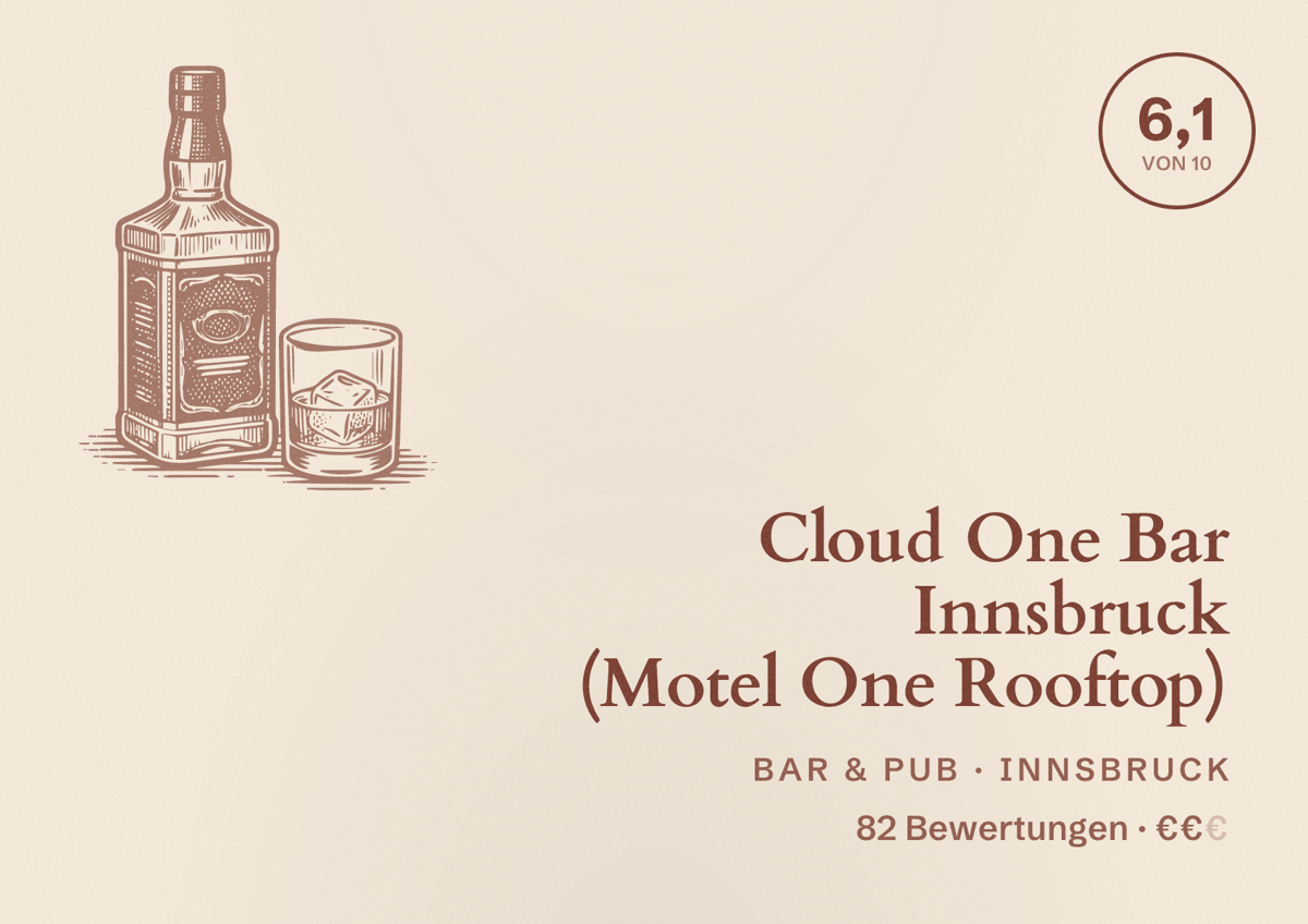 Illustriertes Poster von Cloud One Bar Innsbruck (Motel One Rooftop), Bar & Pub in Innsbruck: Bewertung 6,1 von 10 aus 82 Bewertungen, Preisniveau €€