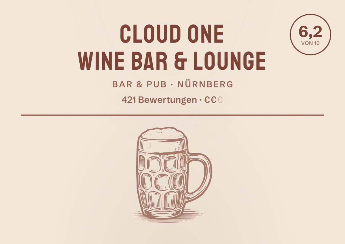 Illustriertes Poster von Cloud One Wine Bar & Lounge, Bar & Pub in Nürnberg: Bewertung 6,2 von 10 aus 421 Bewertungen, Preisniveau €€