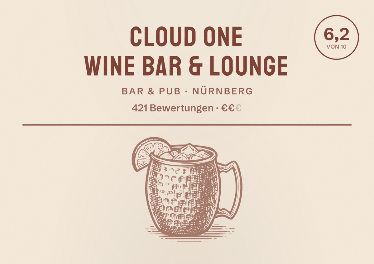 Illustriertes Poster von Cloud One Wine Bar & Lounge, Bar & Pub in Nürnberg: Bewertung 6,2 von 10 aus 421 Bewertungen, Preisniveau €€