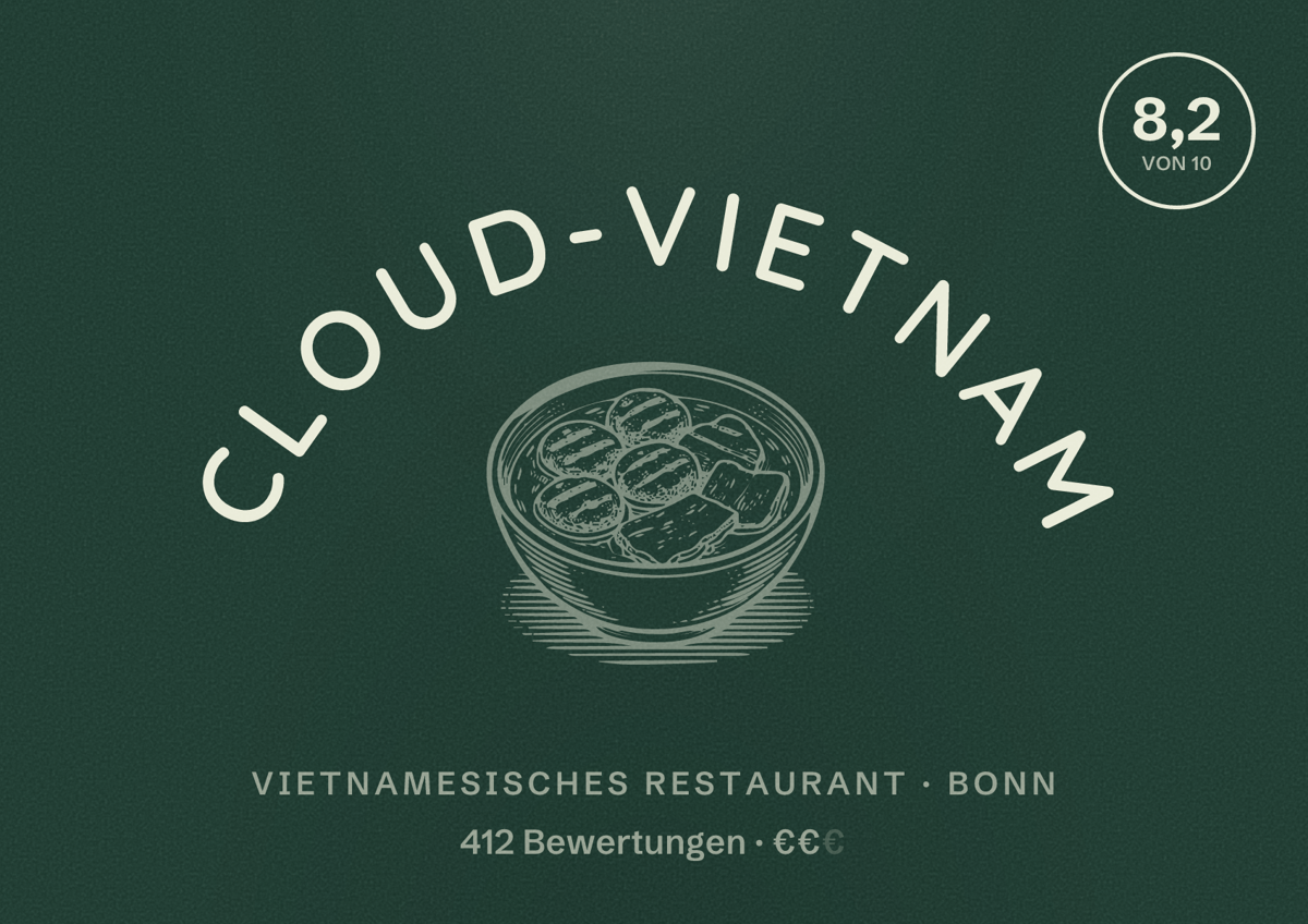 Illustriertes Poster von Cloud-Vietnam, Vietnamesisches Restaurant in Bonn: Bewertung 8,2 von 10 aus 412 Bewertungen, Preisniveau €€