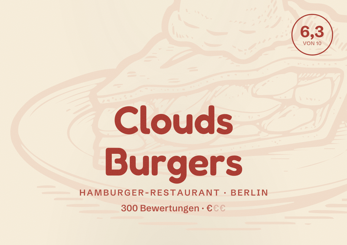 Illustriertes Poster von Clouds Burgers, Hamburger-Restaurant in Berlin: Bewertung 6,3 von 10 aus 300 Bewertungen, Preisniveau €