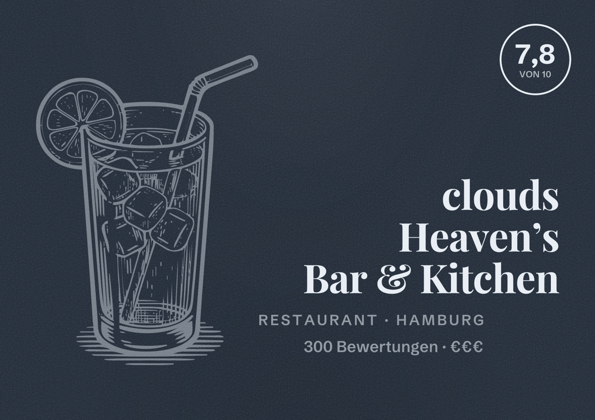 Illustriertes Poster von clouds Heaven’s Bar & Kitchen, Restaurant in Hamburg: Bewertung 7,8 von 10 aus 300 Bewertungen, Preisniveau €€€