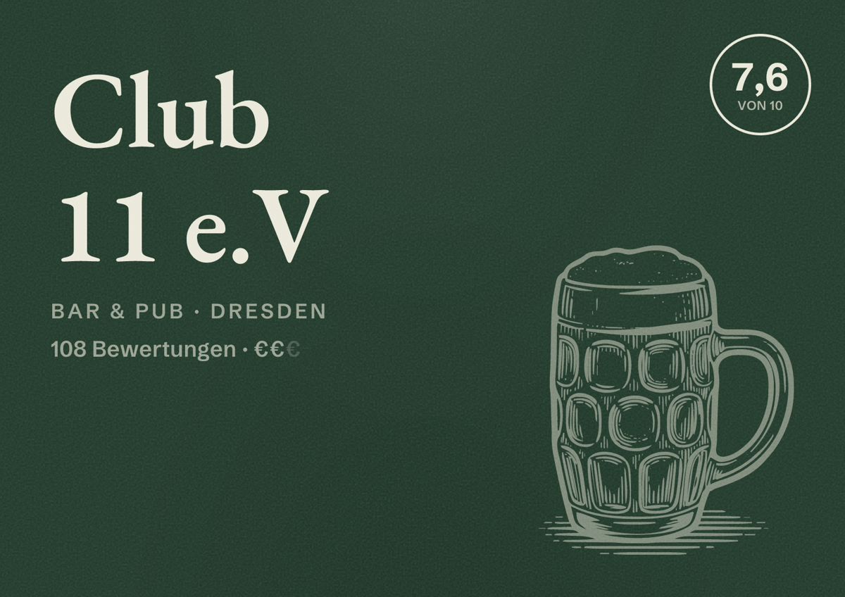 Illustriertes Poster von Club 11 e.V, Bar & Pub in Dresden: Bewertung 7,6 von 10 aus 108 Bewertungen, Preisniveau €€