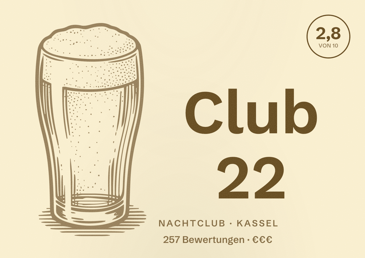 Illustriertes Poster von Club 22, Nachtclub in Kassel: Bewertung 2,8 von 10 aus 257 Bewertungen, Preisniveau €€€