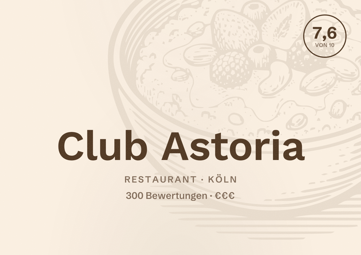 Illustriertes Poster von Club Astoria, Restaurant in Köln: Bewertung 7,6 von 10 aus 300 Bewertungen, Preisniveau €€€