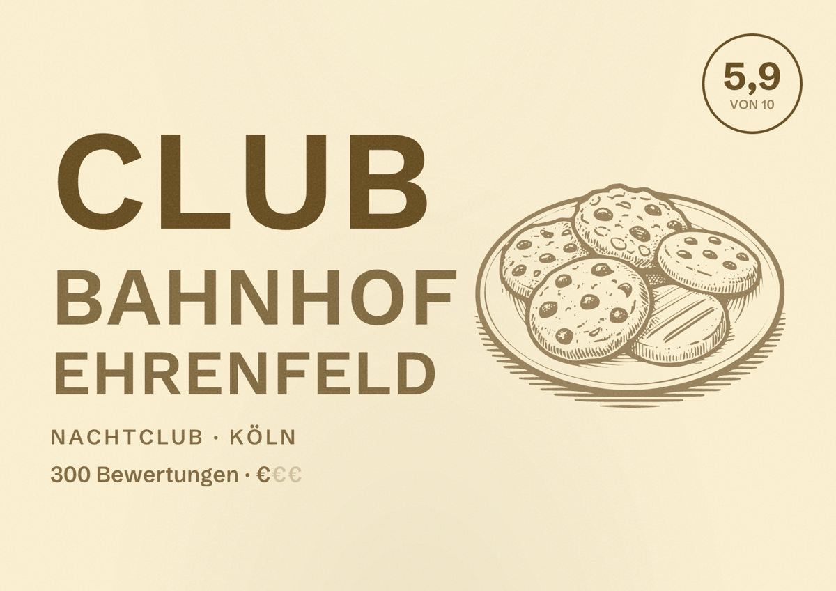 Illustriertes Poster von Club Bahnhof Ehrenfeld, Nachtclub in Köln: Bewertung 5,9 von 10 aus 300 Bewertungen, Preisniveau €