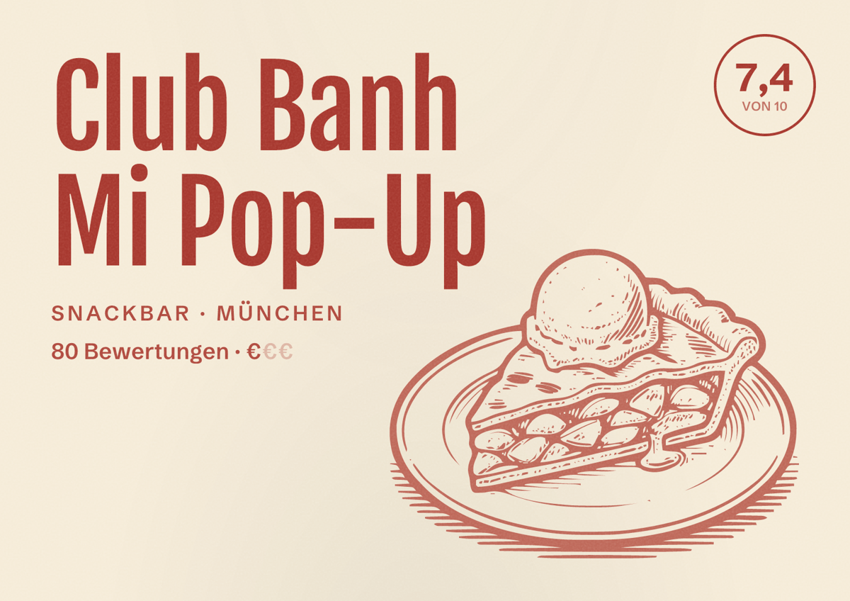 Illustriertes Poster von Club Banh Mi Pop-Up, Snackbar in München: Bewertung 7,4 von 10 aus 80 Bewertungen, Preisniveau €