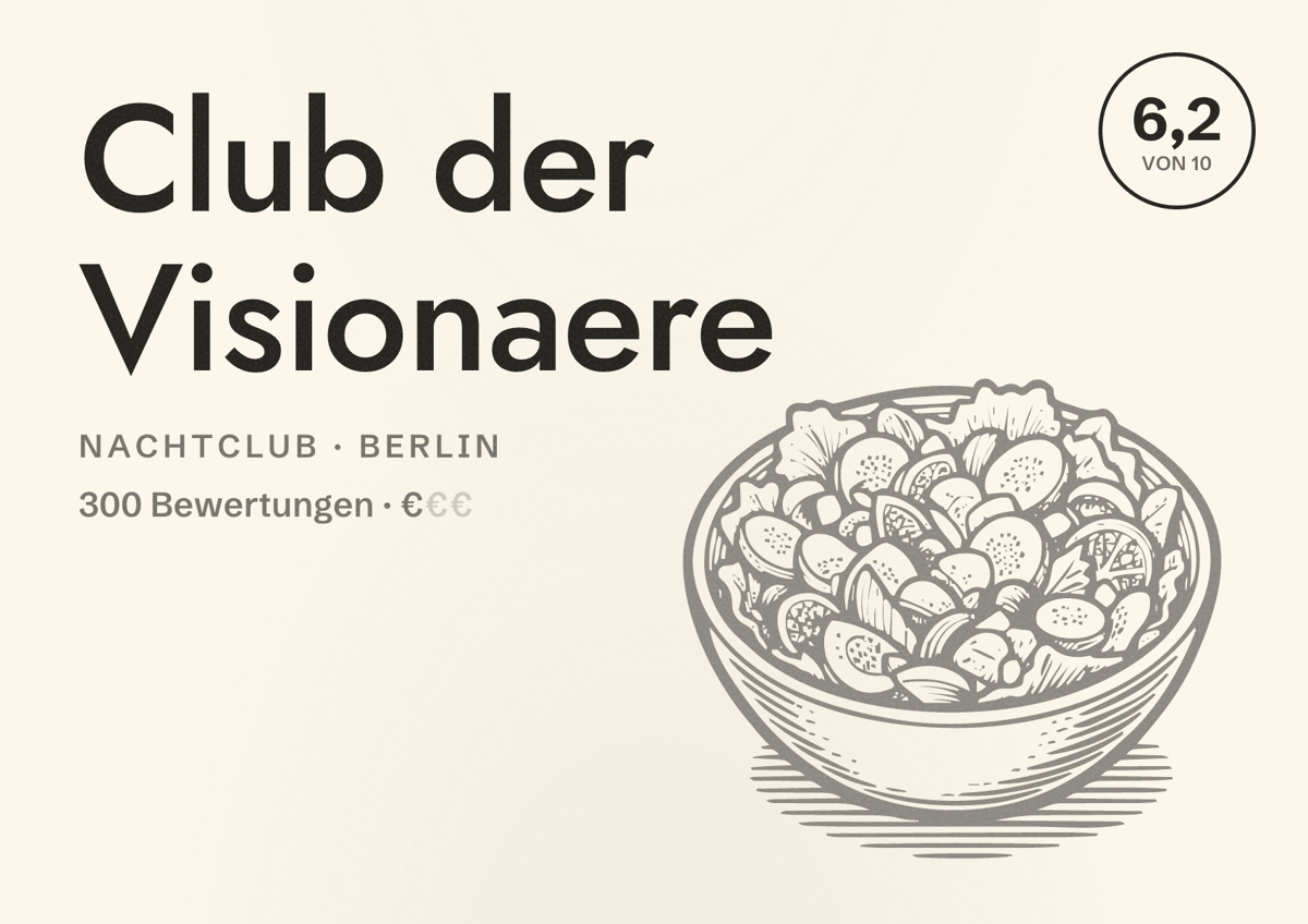 Illustriertes Poster von Club der Visionaere, Nachtclub in Berlin: Bewertung 6,2 von 10 aus 300 Bewertungen, Preisniveau €