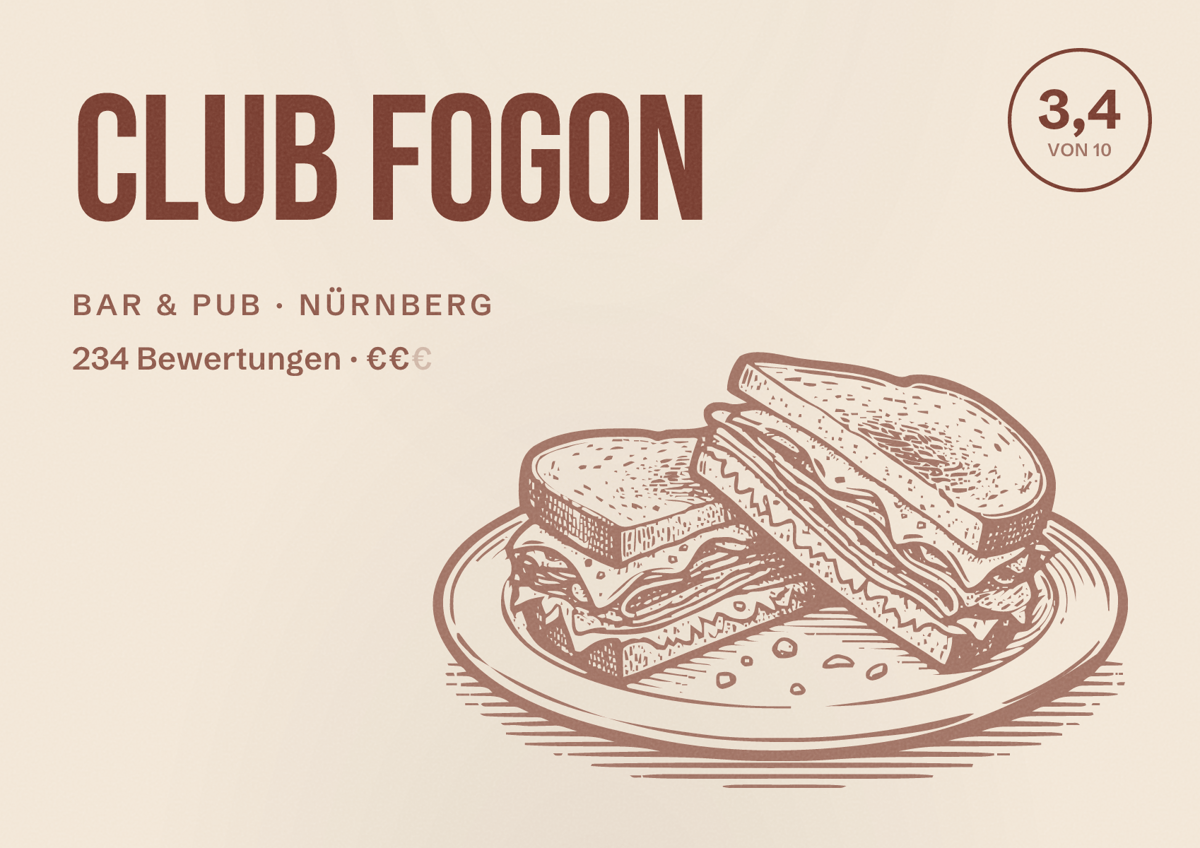 Illustriertes Poster von Club Fogon, Bar & Pub in Nürnberg: Bewertung 3,4 von 10 aus 234 Bewertungen, Preisniveau €€