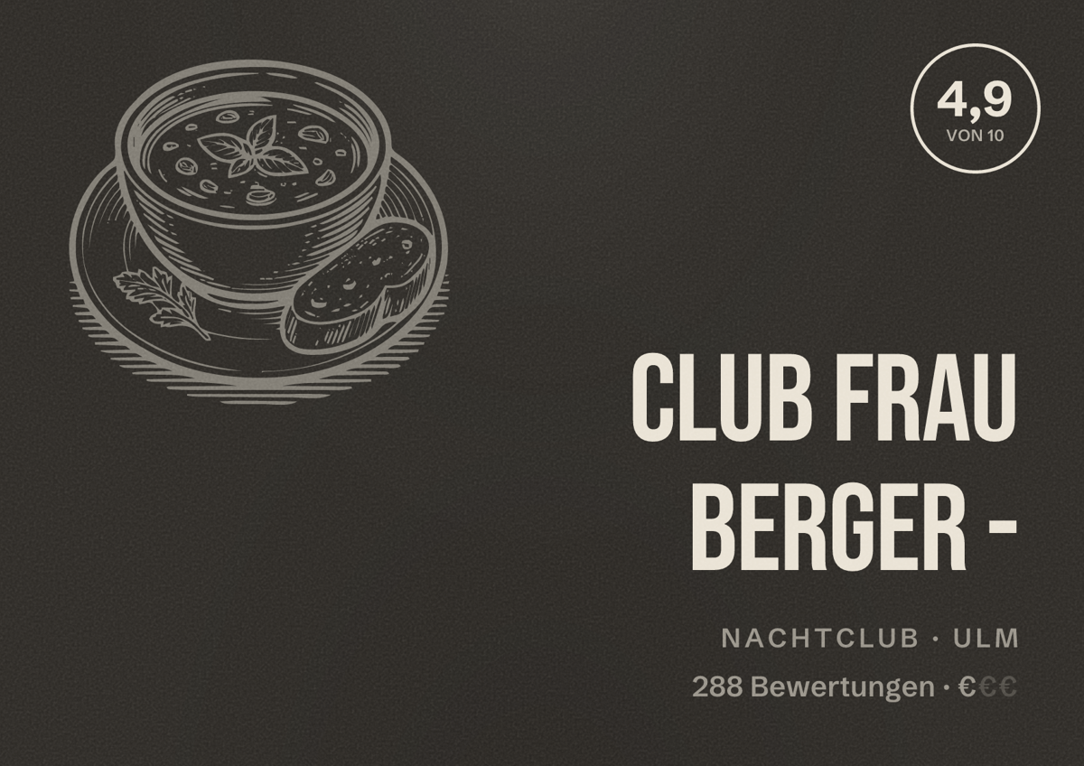 Illustriertes Poster von Club Frau Berger -, Nachtclub in Ulm: Bewertung 4,9 von 10 aus 288 Bewertungen, Preisniveau €