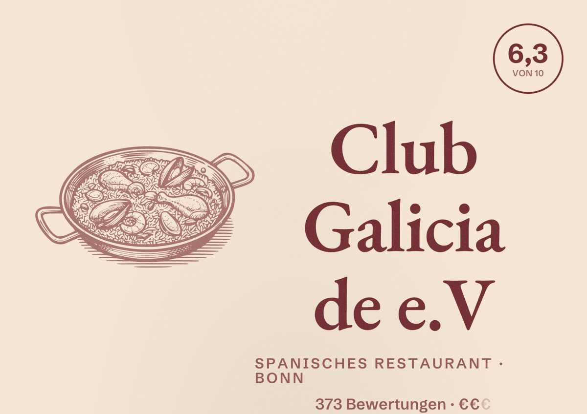 Illustriertes Poster von Club Galicia de e.V, Spanisches Restaurant in Bonn: Bewertung 6,3 von 10 aus 373 Bewertungen, Preisniveau €€