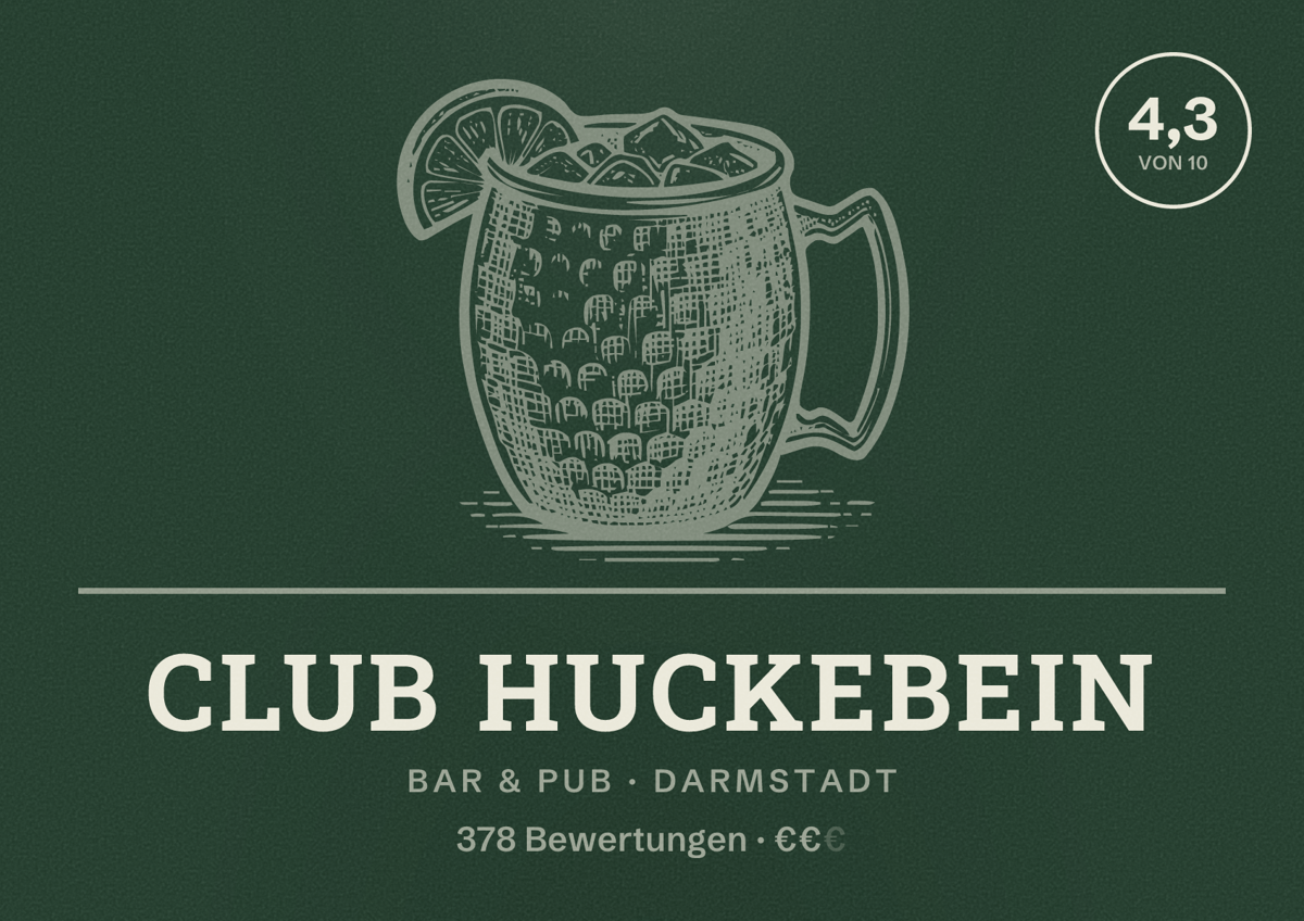 Illustriertes Poster von Club Huckebein, Bar & Pub in Darmstadt: Bewertung 4,3 von 10 aus 378 Bewertungen, Preisniveau €€