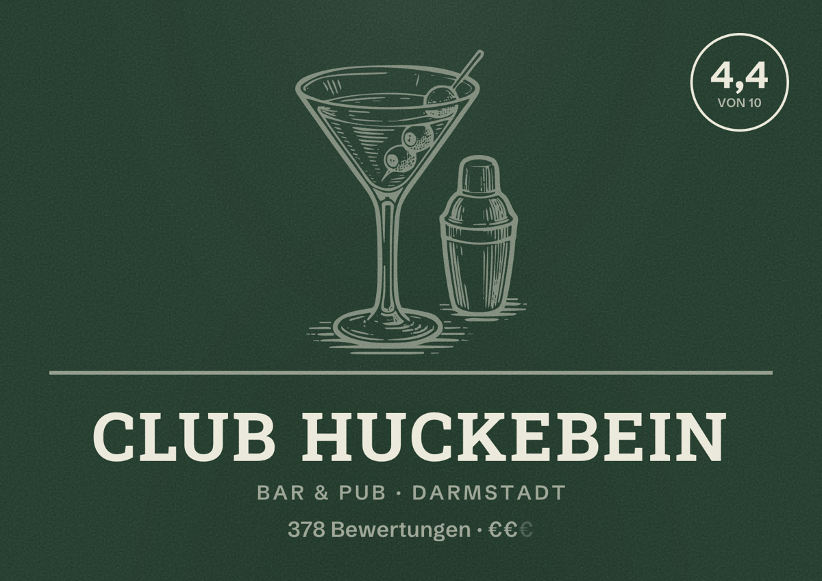 Illustriertes Poster von Club Huckebein, Bar & Pub in Darmstadt: Bewertung 4,4 von 10 aus 378 Bewertungen, Preisniveau €€