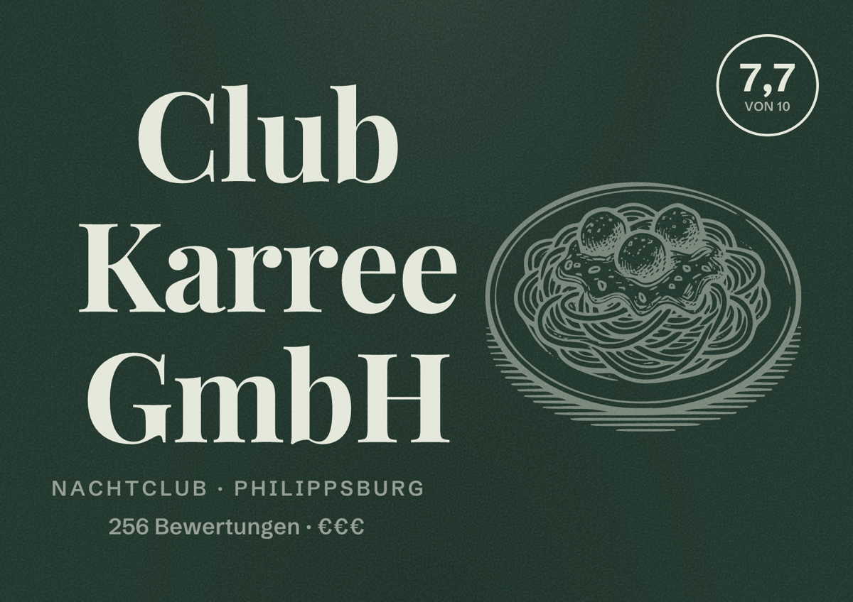 Illustriertes Poster von Club Karree GmbH, Nachtclub in Philippsburg: Bewertung 7,7 von 10 aus 256 Bewertungen, Preisniveau €€€
