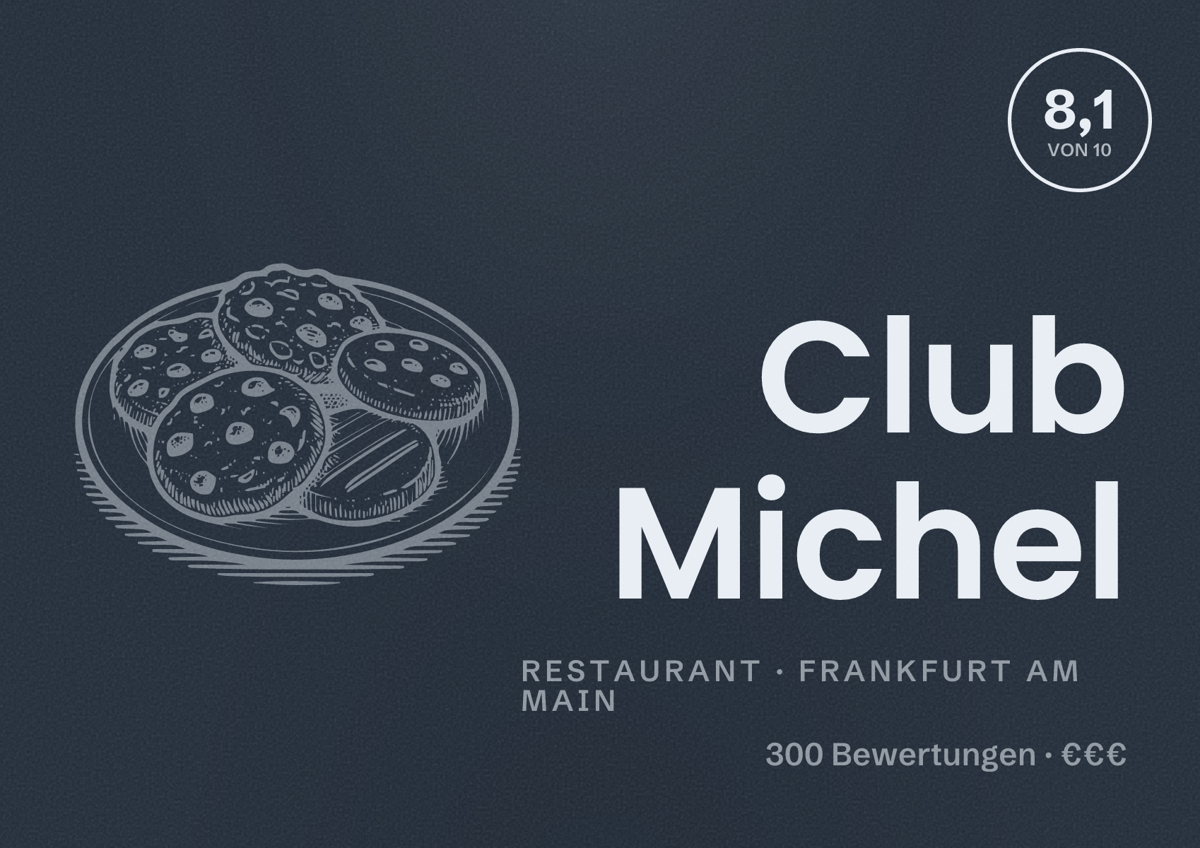 Illustriertes Poster von Club Michel, Restaurant in Frankfurt am Main: Bewertung 8,1 von 10 aus 300 Bewertungen, Preisniveau €€€