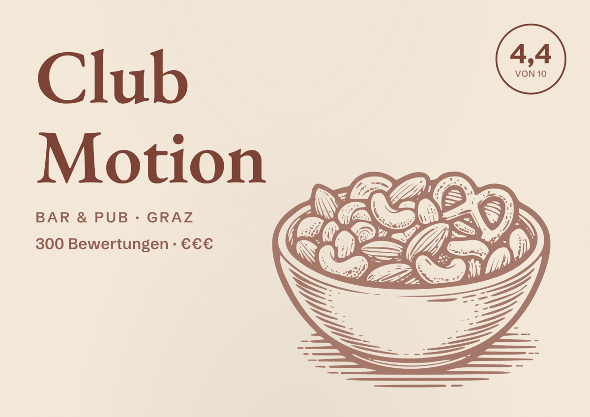 Illustriertes Poster von Club Motion, Bar & Pub in Graz: Bewertung 4,4 von 10 aus 300 Bewertungen, Preisniveau €€€