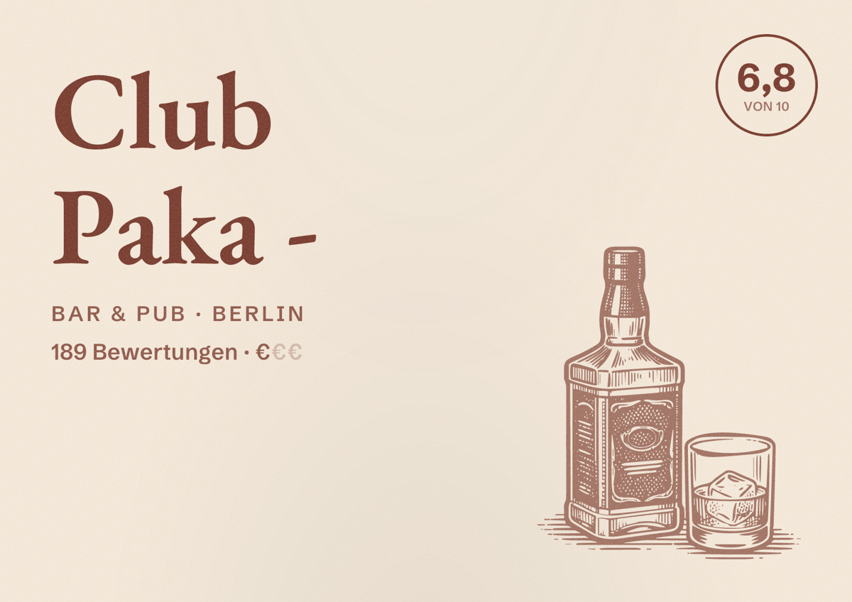 Illustriertes Poster von Club Paka -, Bar & Pub in Berlin: Bewertung 6,8 von 10 aus 189 Bewertungen, Preisniveau €