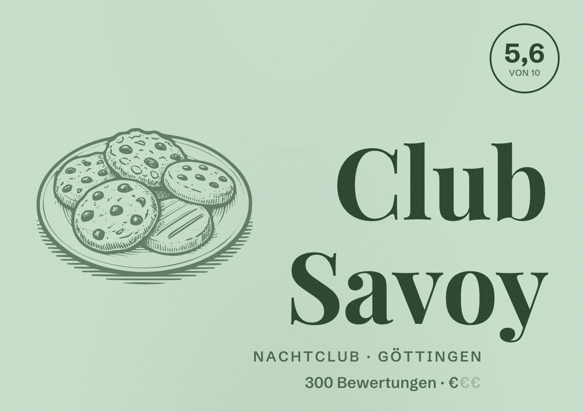 Illustriertes Poster von Club Savoy, Nachtclub in Göttingen: Bewertung 5,6 von 10 aus 300 Bewertungen, Preisniveau €