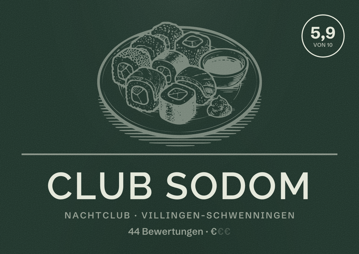 Illustriertes Poster von Club Sodom, Nachtclub in Villingen-Schwenningen: Bewertung 5,9 von 10 aus 44 Bewertungen, Preisniveau €