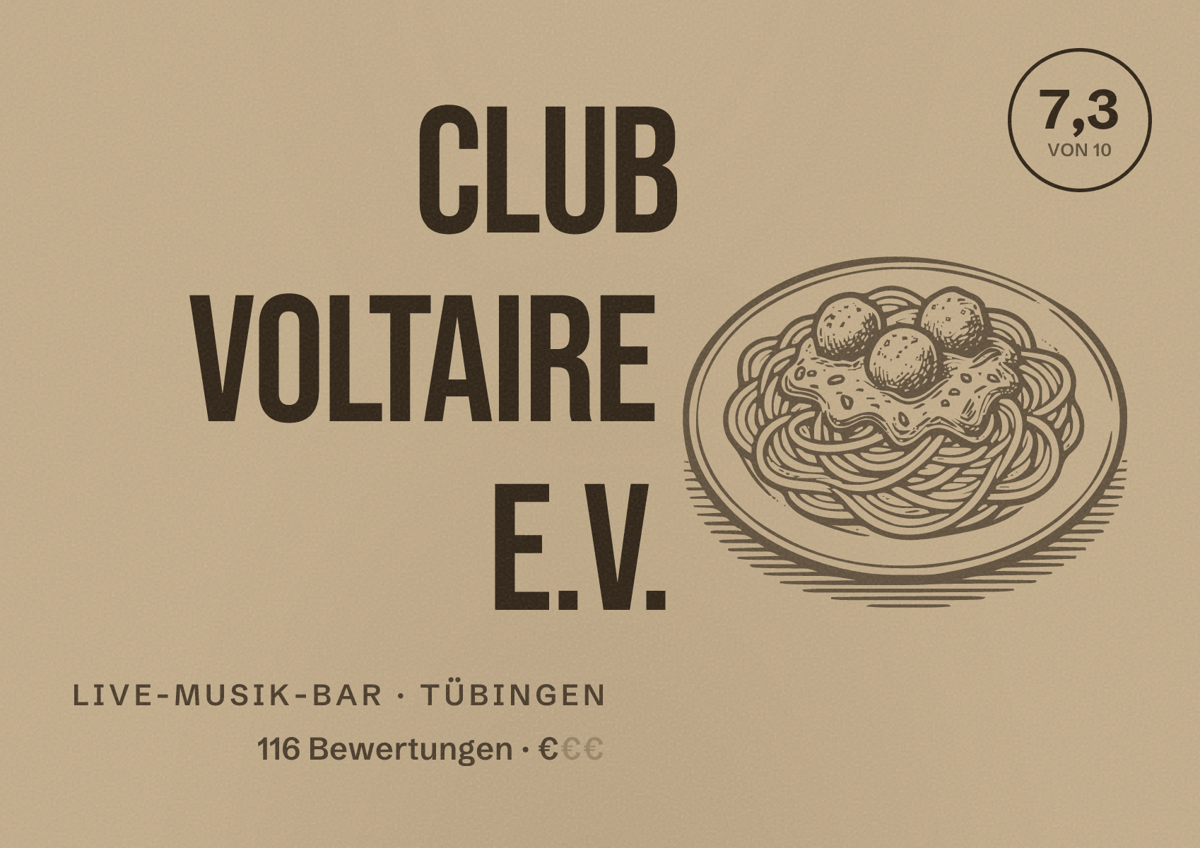 Illustriertes Poster von Club Voltaire e.V., Live-Musik-Bar in Tübingen: Bewertung 7,3 von 10 aus 116 Bewertungen, Preisniveau €