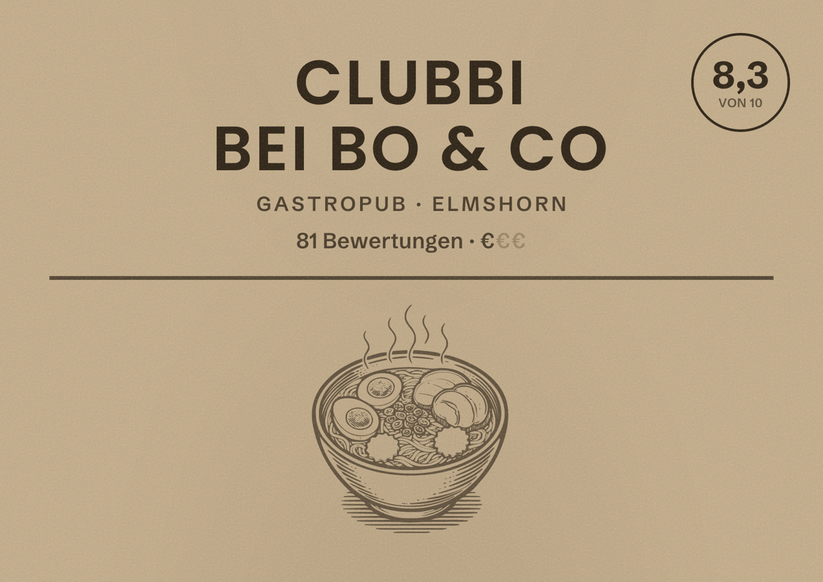 Illustriertes Poster von Clubbi bei Bo & Co, Gastropub in Elmshorn: Bewertung 8,3 von 10 aus 81 Bewertungen, Preisniveau €