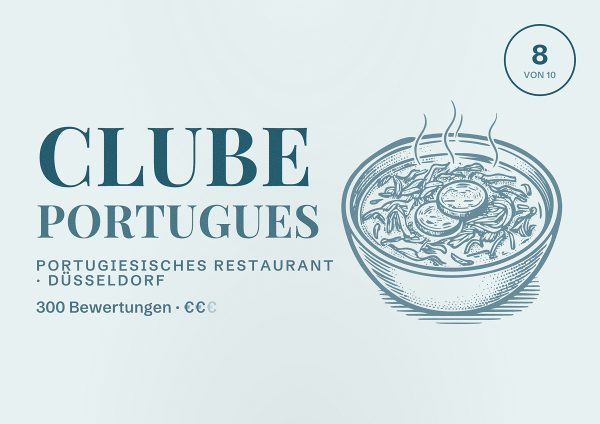 Illustriertes Poster von Clube Portugues, Portugiesisches Restaurant in Düsseldorf: Bewertung 8,0 von 10 aus 300 Bewertungen, Preisniveau €€