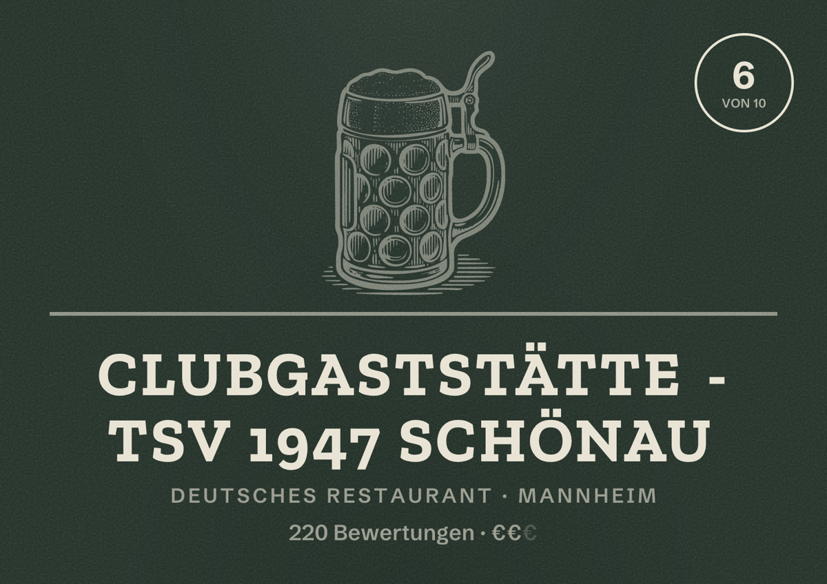 Illustriertes Poster von Clubgaststätte - TSV 1947 Schönau, Deutsches Restaurant in Mannheim: Bewertung 6 von 10 aus 220 Bewertungen, Preisniveau €€